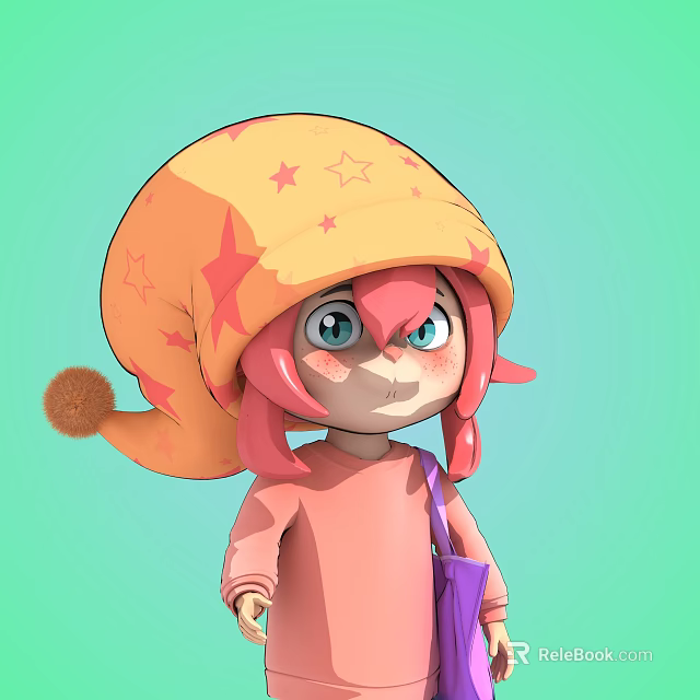 Detailed Cartoon Character Sculpture Featuring Yellow Star Hat Pink Hair Blue Eyes and Purple Bag 3d model 