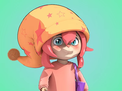Detailed Cartoon Character Sculpture Featuring Yellow Star Hat Pink Hair Blue Eyes and Purple Bag 3d model