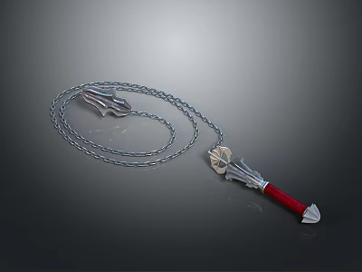 Ornate Weapon Featuring Silver Chain Red Handle and Sharp Blade Design 3d model