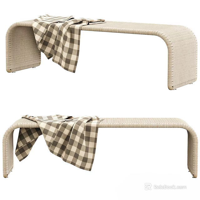 Stylish Beige Woven Sofa Bench With Plaid Blanket Draped Over Top 3d model 