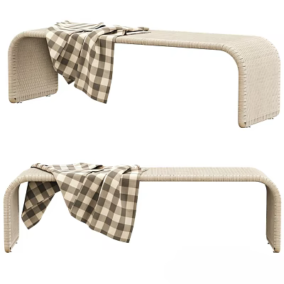Stylish Beige Woven Sofa Bench With Plaid Blanket Draped Over Top 3d model