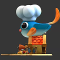 Cartoon Scene Featuring Blue Chef Fish With Cloud Hat Small House And Vegetables Fruits