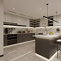 Modern Kitchen Interior Featuring White Gray Cabinets Marble Countertops Appliances And Gray Tiled Flooring