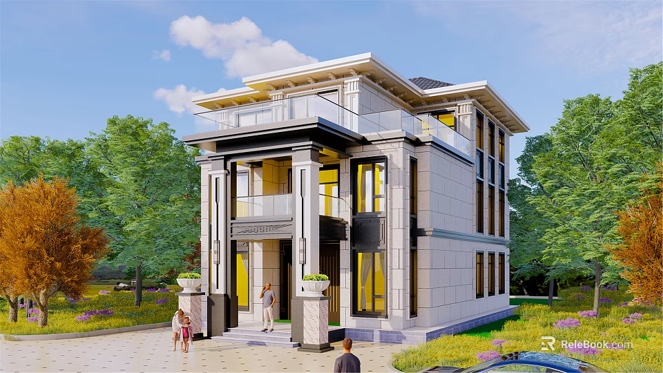 Modern Detached Villa Exterior With Stone Facade Balcony And Lush Greenery 3d model 