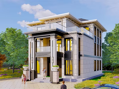 Modern Detached Villa Exterior With Stone Facade Balcony And Lush Greenery 3d model