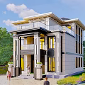 Modern Detached Villa Exterior With Stone Facade Balcony And Lush Greenery