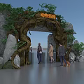 Tree Vine Decorated Entrance Gate With Stone Elements And People Standing 3d model