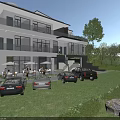 Modern Detached Villa With Large Glass Windows Balconies And Green Lawn Surroundings