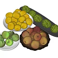 Assorted Fresh Fruits Lemons Green Apples Peaches Artichokes On White Bowls Black Platter Plate