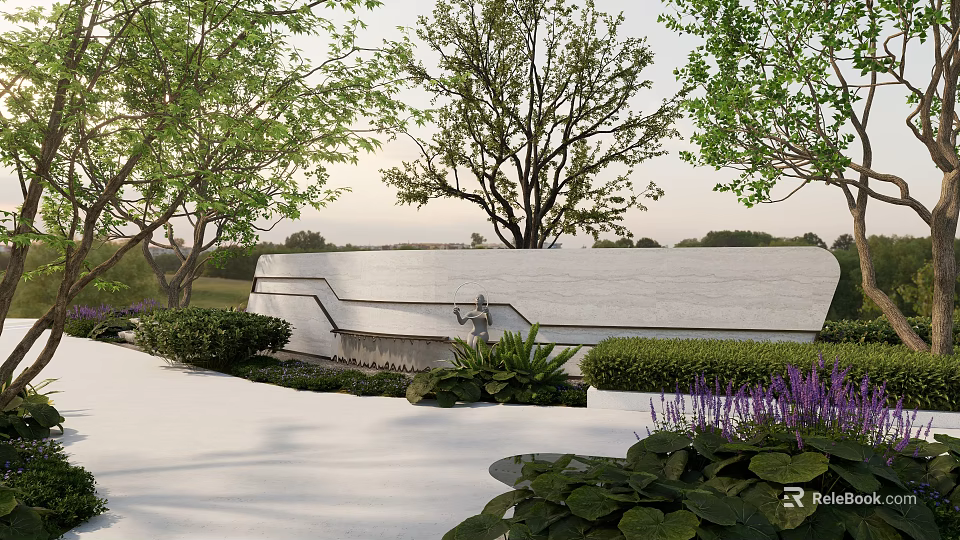 Modern Garden Feature Wall Surrounded By Green Plants Trees And Purple Flowers 3d model 