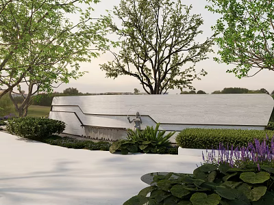 Modern Garden Feature Wall Surrounded By Green Plants Trees And Purple Flowers 3d model