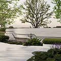 Modern Garden Feature Wall Surrounded By Green Plants Trees And Purple Flowers