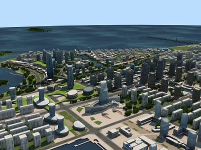 Urban Aerial Planning With High Rise Buildings Roads Water Bodies Island And Green Spaces 3d model