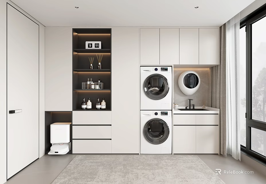 Modern Laundry Room Interior With Stacked Washer Dryer Cabinet Shelf And Window 3d model 