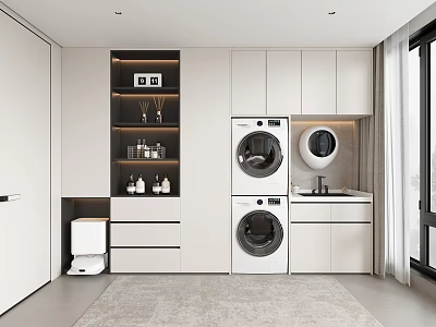 Modern Laundry Room Interior With Stacked Washer Dryer Cabinet Shelf And Window 3d model