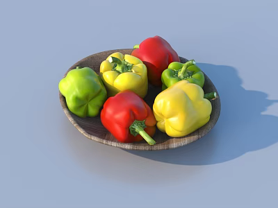 Fresh Colorful Bell Peppers Red Yellow Green Multiple on Wooden Plate for Healthy Diet 3d model