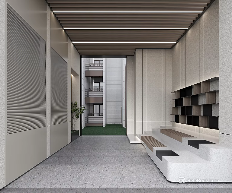 Modern Corridor Interior Design With Gray Walls Wooden Ceiling Stepped Seating And Green Lawn 3d model 