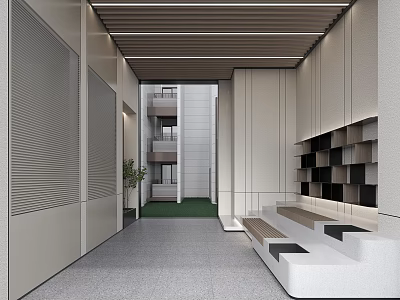 Modern Corridor Interior Design With Gray Walls Wooden Ceiling Stepped Seating And Green Lawn 3d model