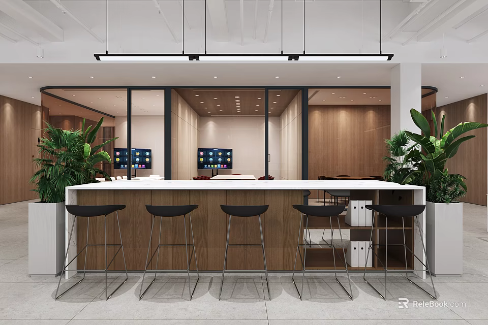 Modern Public Office Space With Open Layout Bar Counter Office Furniture And Green Plants 3d model 