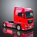 Vibrant Red MAN Truck Cab Exterior Featuring Reflective Floor And Modern Design