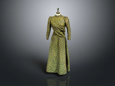 Man Standing Next To Green Floral Pattern Long Dress On Gray Background Mannequin 3d model