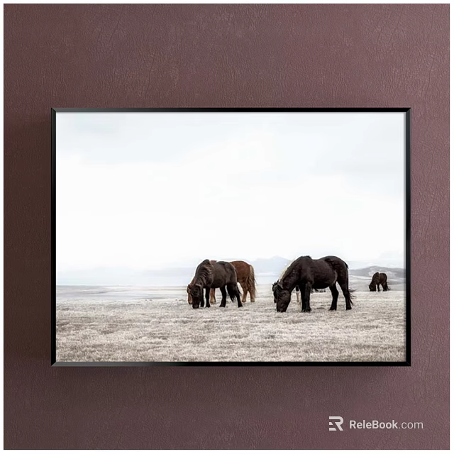 Animal Painting Featuring Grazing Horses in Open Grassland Field 3d model 