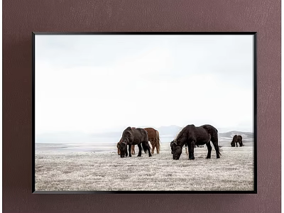 Animal Painting Featuring Grazing Horses in Open Grassland Field 3d model