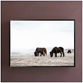 Animal Painting Featuring Grazing Horses in Open Grassland Field