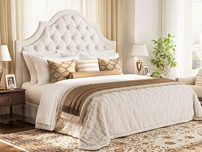 Cozy Double Bed With Tufted White Headboard Pillows Throw Blanket Bedside Tables Lamps Green Plant 3d model
