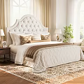 Cozy Double Bed With Tufted White Headboard Pillows Throw Blanket Bedside Tables Lamps Green Plant