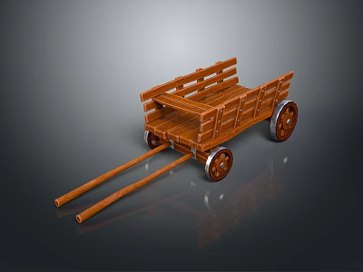 Vintage Wooden Cart With Plank Structure Spoked Wheels And Wooden Handles Design 3d model