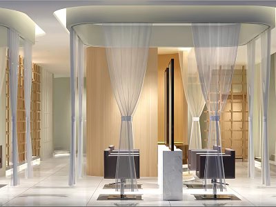 Modern Beauty Salon Interior Design With Curtain Panels Wooden Accents Marble Counter And Styling Chairs 3d model
