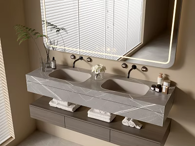 Modern Bathroom Vanity With Double Sinks Marble Countertop Storage Drawers And Mirror 3d model