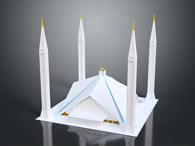 White Religious Building Architectural Model Featuring Four Golden Minarets Blue Lines and Golden Ornaments 3d model
