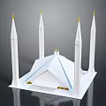 White Religious Building Architectural Model Featuring Four Golden Minarets Blue Lines and Golden Ornaments