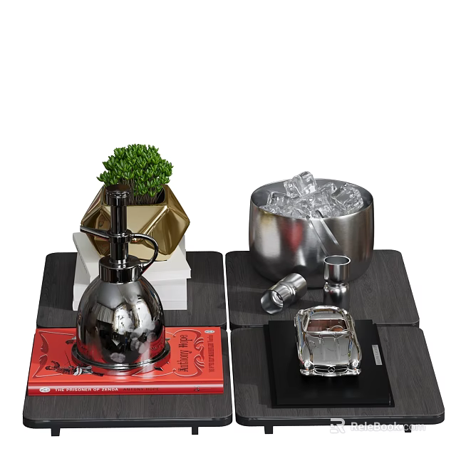 Modern Decorative Ornament Set With Green Plant Metal Container Glass Figurine And Geometric Stand 3d model 