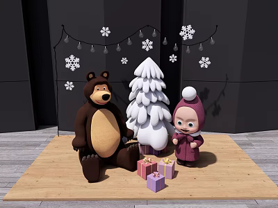 Cute Bear And Girl Dolls With White Christmas Tree condensation Colorful Gifts And Snowflake Decorations 3d model