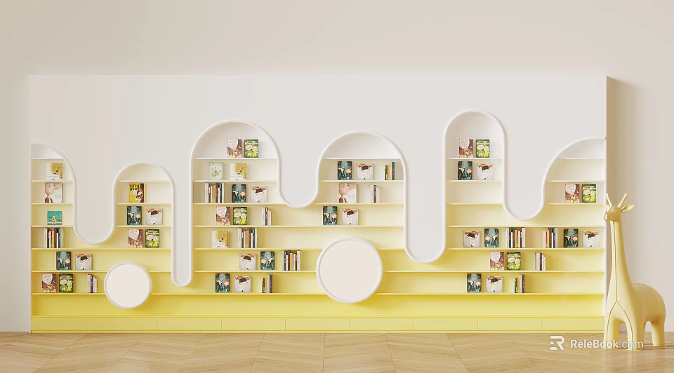 Modern Wavy Bookshelf Design With White Shelves Yellow Base And Books 3d model 