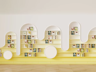 Modern Wavy Bookshelf Design With White Shelves Yellow Base And Books 3d model