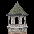 Historic Brick Tower with Pointed Spire Arched Windows and Ornate Base Design 3d model