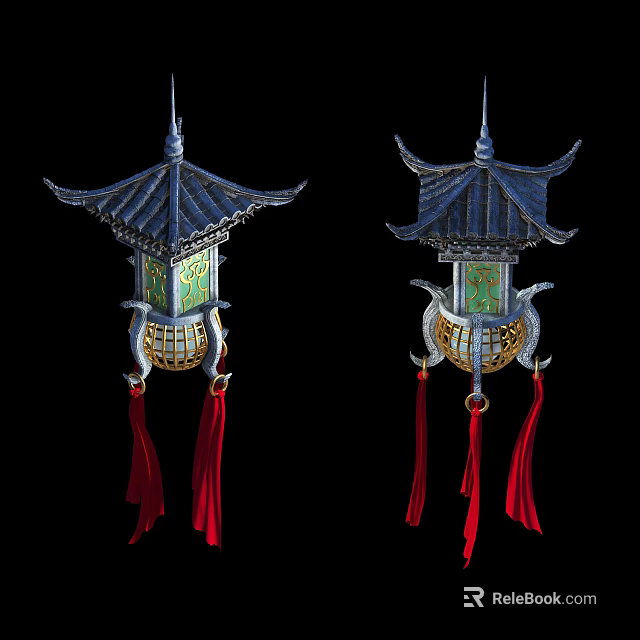 Chinese Style Chandeliers With Pagoda Style Roof Blue Green Accents And Red Tassels 3d model 