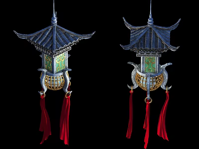 Chinese Style Chandeliers With Pagoda Style Roof Blue Green Accents And Red Tassels 3d model