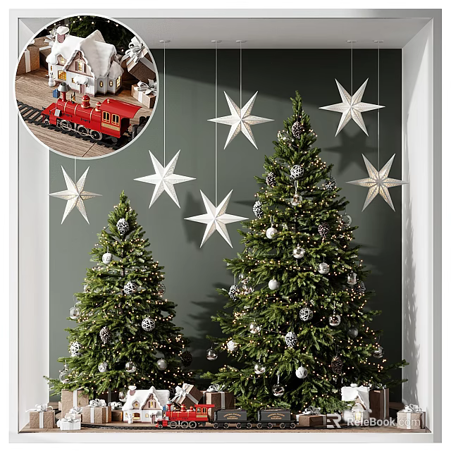 Festive Christmas Trees With Hanging Star Decorations And Gifts Indoors 3d model 