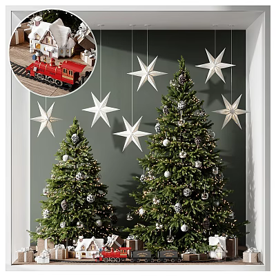 Festive Christmas Trees With Hanging Star Decorations And Gifts Indoors 3d model
