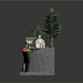 3D Model Small House Scene Surrounded by Pine Trees with Rocky Base and Water Area