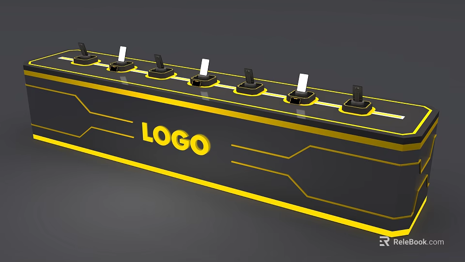 Modern Display Shelf Featuring Yellow Logo Black Frame And Geometric Accent Lines 3d model