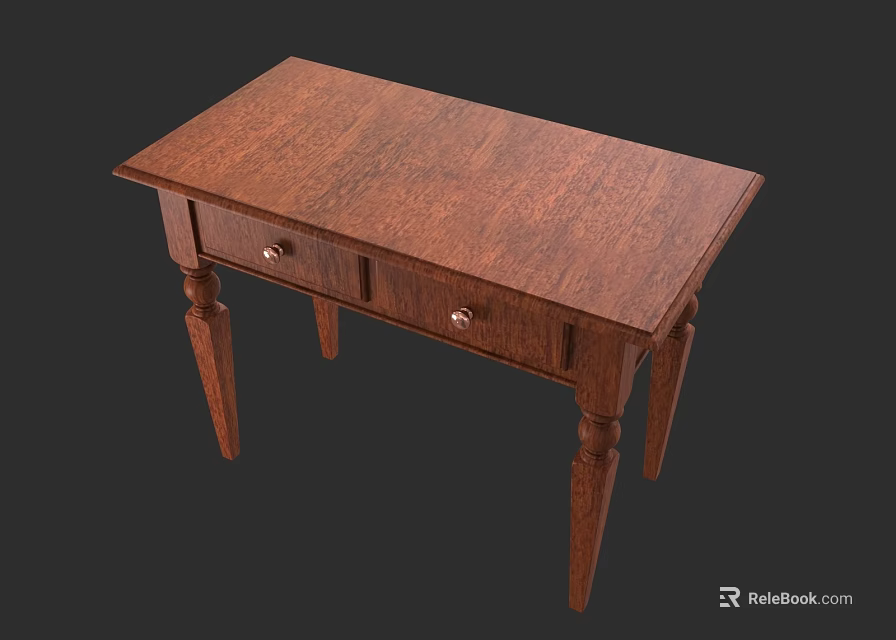 Brown Wooden Desk With Natural Wood Grain Drawers And Tapered Legs 3d model 