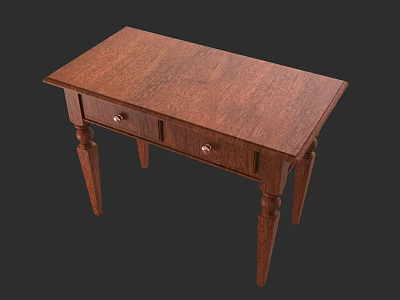 Brown Wooden Desk With Natural Wood Grain Drawers And Tapered Legs 3d model
