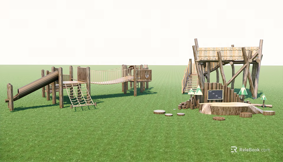 Outdoor Wooden Playground Equipment With Slide Rope Bridge And Climbing Frame On Grass 3d model 
