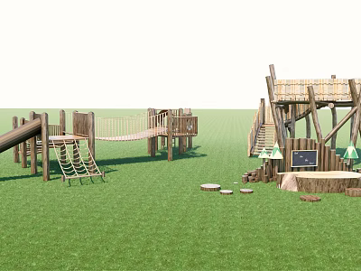 Outdoor Wooden Playground Equipment With Slide Rope Bridge And Climbing Frame On Grass 3d model